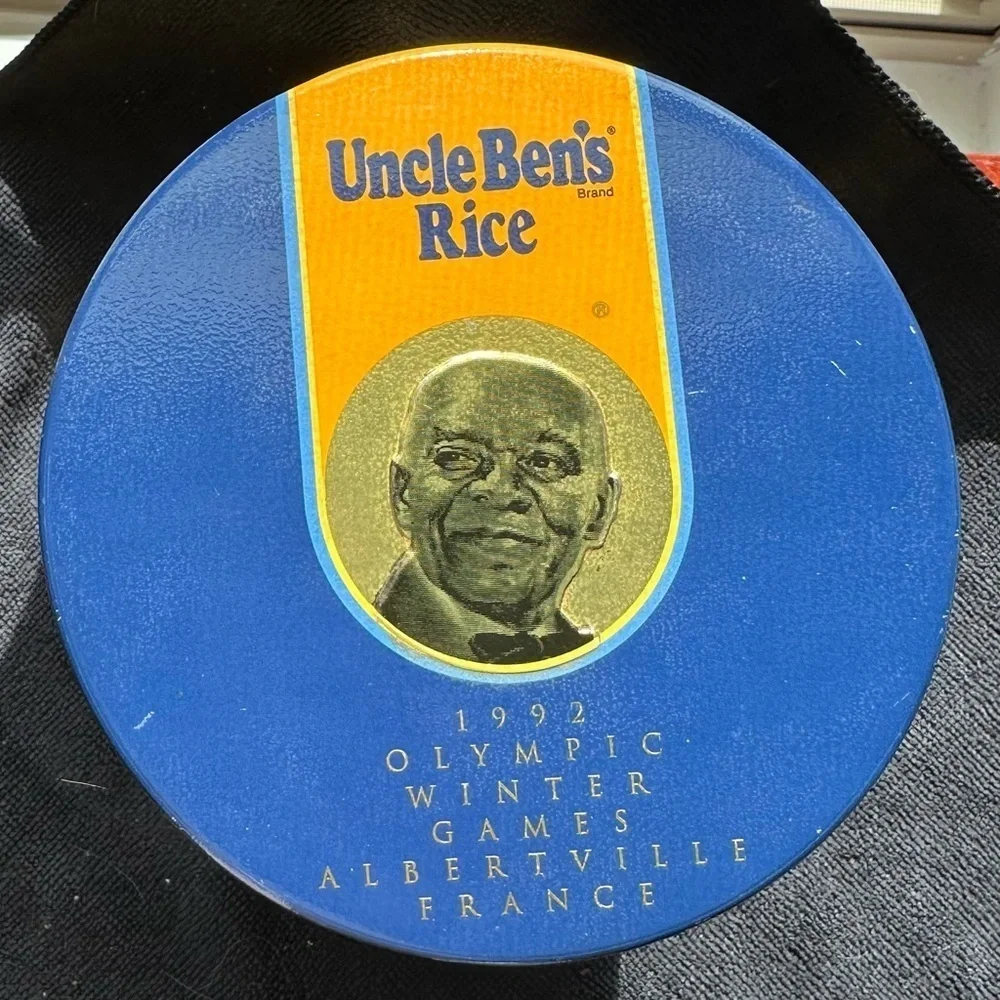 Vintage Uncle Ben’s Rice Blue and Orange Tin featuring the 1992 Winter Olympics